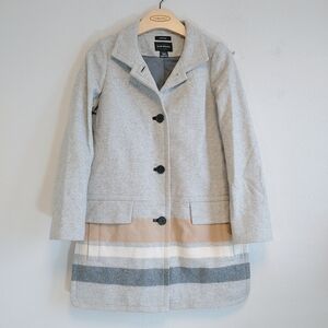 Club Monaco Women's Striped Italian Wool Blend Lamb Leather Trim Coat Sz XS Chic